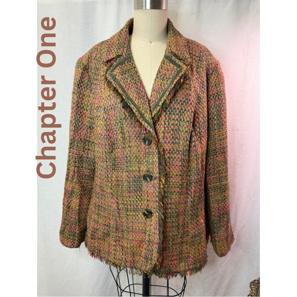 Chapter One Tweed Plaid Blazer Jacket Womens Size 18 Pink Green Fringe Hem